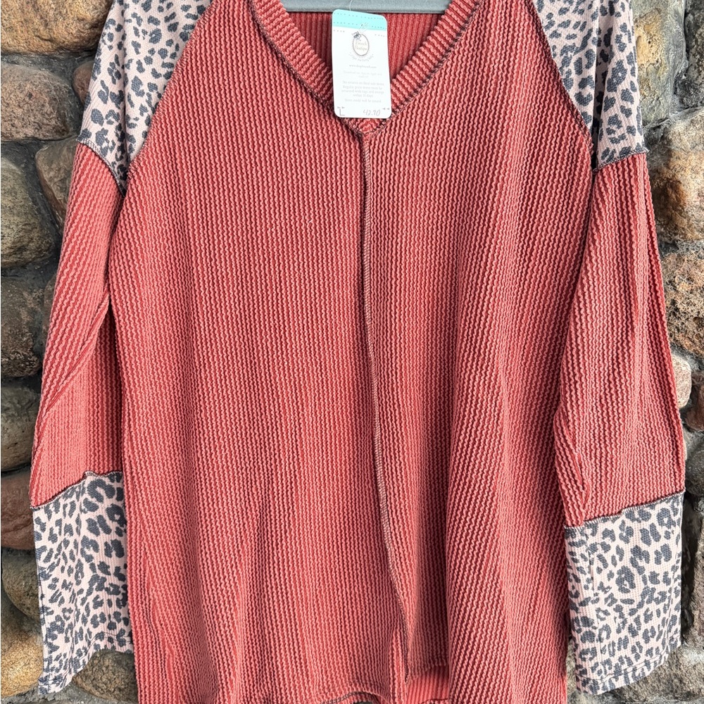 HEIMISH USA V-Neck Sweater with Leopard Sleeves - Rust and Gray